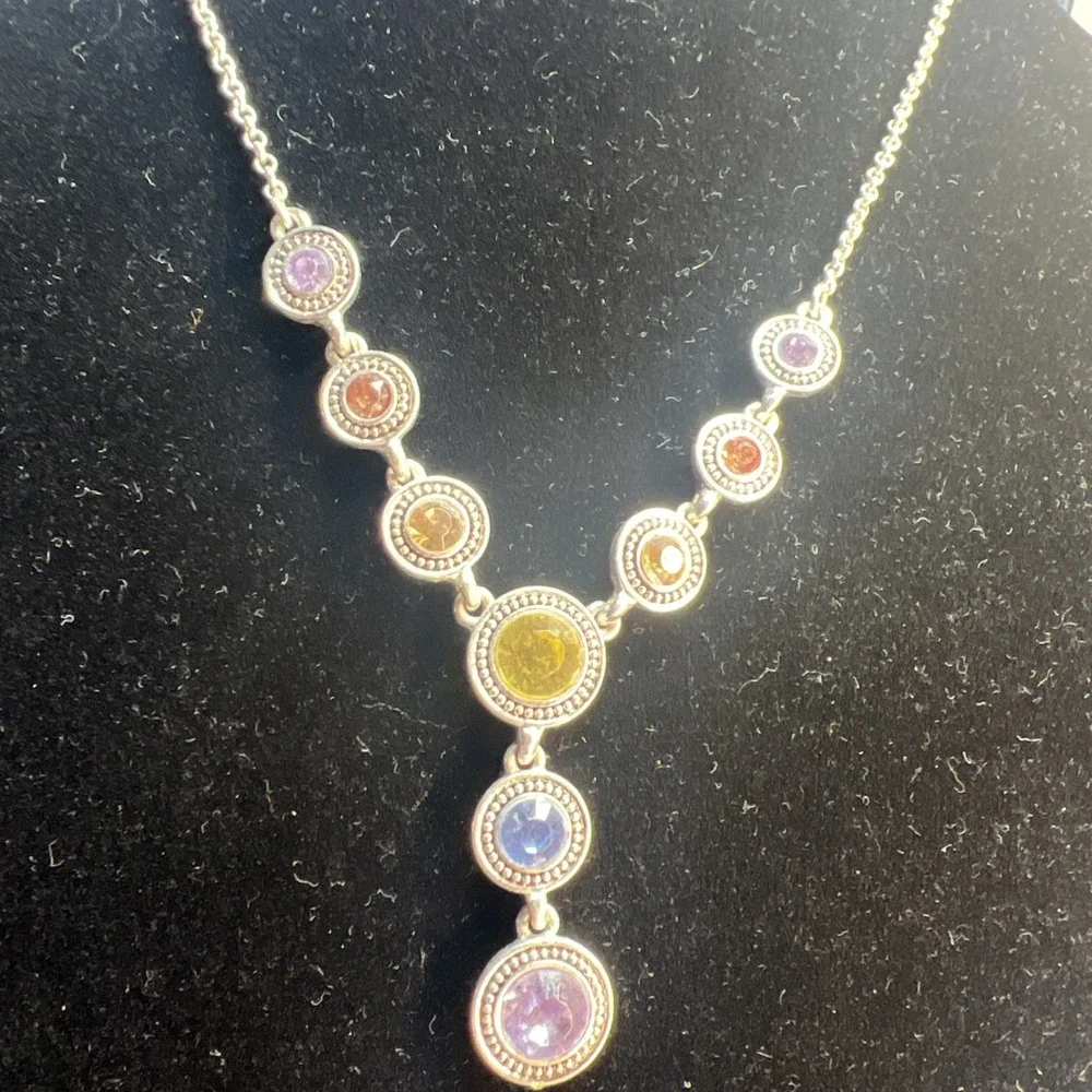 Napier Drop Necklace Rhinestone Blue Pink Yellow Purple Silver Tone - Picture 4 of 9